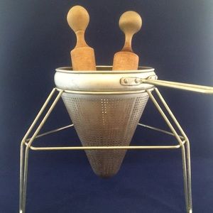 Vintage Aluminum Cone Sieve, Stand and Pestles